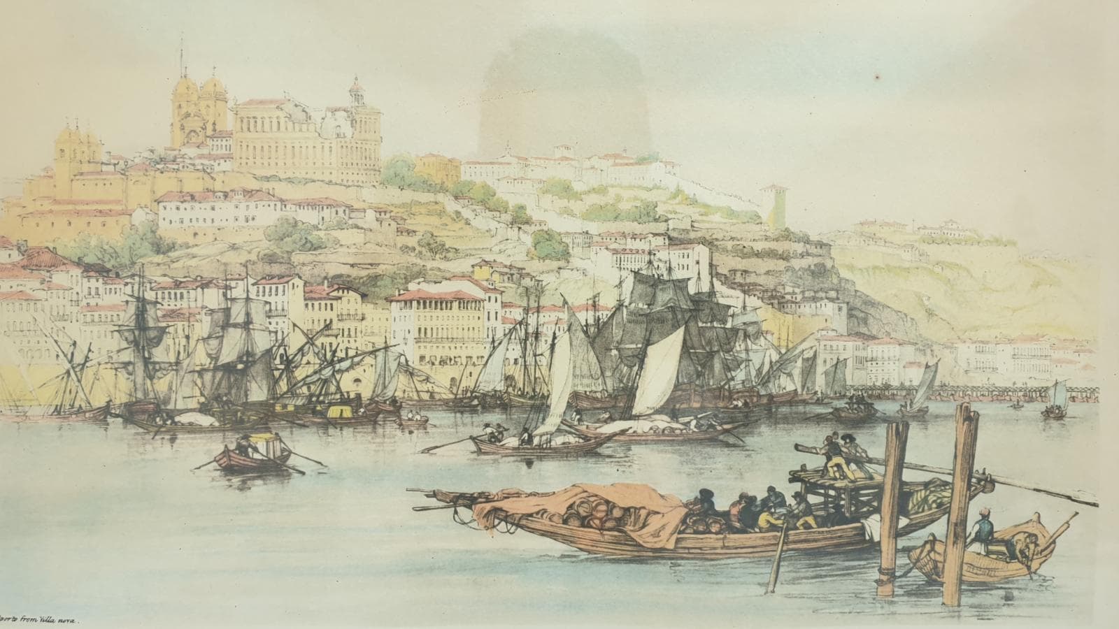 Estampa inglesa a cores, com vista da cidade do Porto antigo