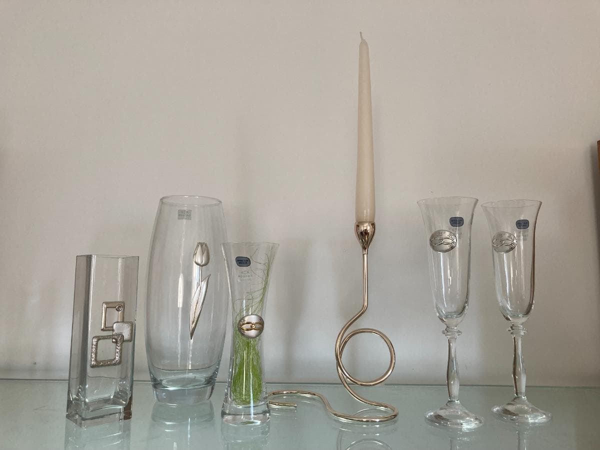 Conjuntos de copos de cristal + Jarras e castiçal de cristal — imagen 4