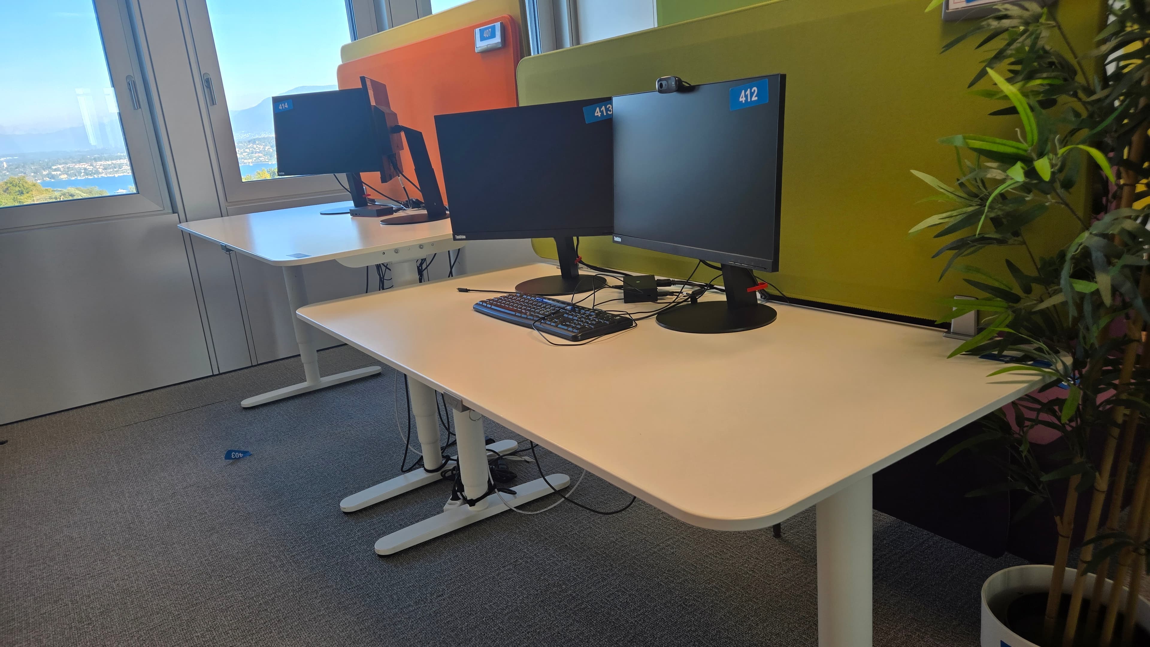 Espace de travail coloré avec bureaux réglables et écrans Lenovo — imagem 1